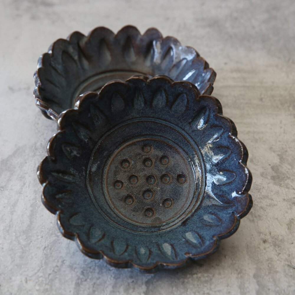 Blue and Brown Floral Trinket Dishes Bowls Handmade